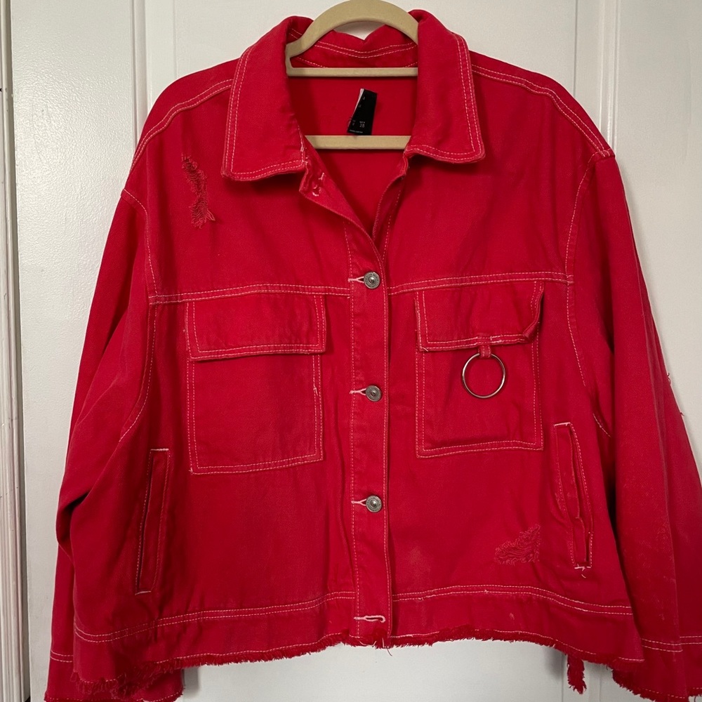 Red distressed denim jacket